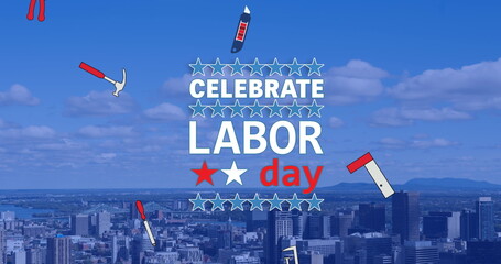 Image of celebrate labor day text over cityscape