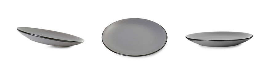 Empty ceramic plate isolated on white, set with different views