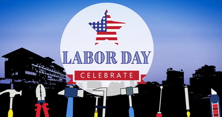 Image of labor day celebrate text over cityscape