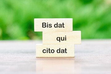 Bis dat qui cito dat It is translated from Latin as The one who gives twice is the one who gives quickly written on wooden blocks
