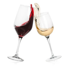 Different types of wine splashing in glasses on white background