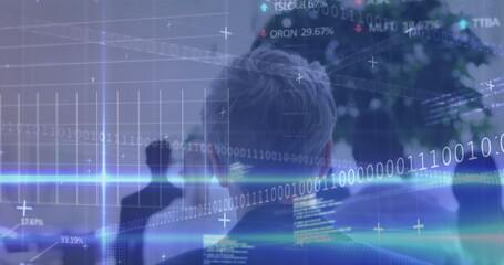 Image of diverse computer data over back of diverse businesspeople walking outdoors