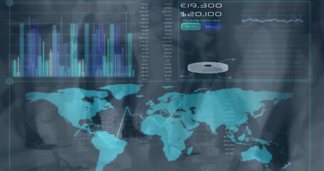 Obraz premium Image of diverse data over world map and timelapse with businesspeople