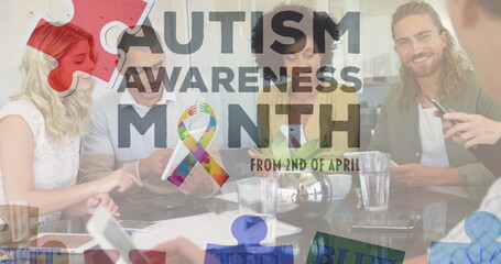 Image of colourful puzzle pieces and autism text over business colleagues using tablet