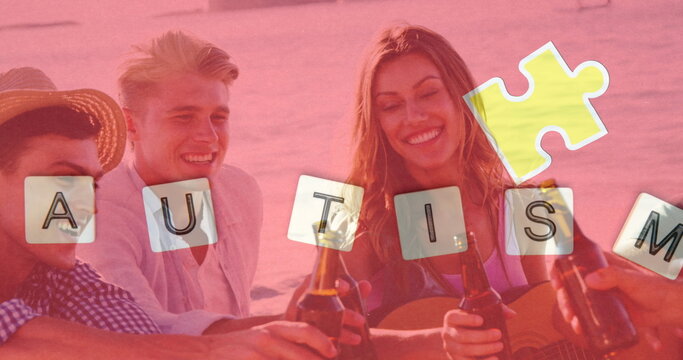 Image of colourful puzzle pieces and autism text over happy friends drinking beer at beach party - Powered by Adobe