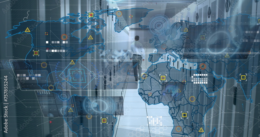 Poster image of data processing over world map against caucasian male engineer walking in server room