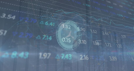 Image of financial data processing over moving clock and globe