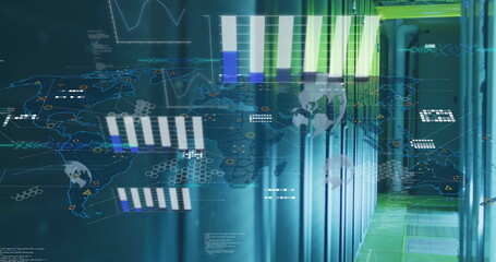 Image of statistical data processing over world map against computer server room