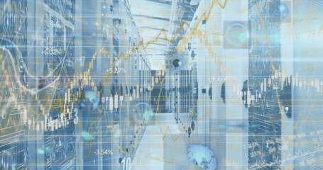 Image of graphs and data processing over computer server room