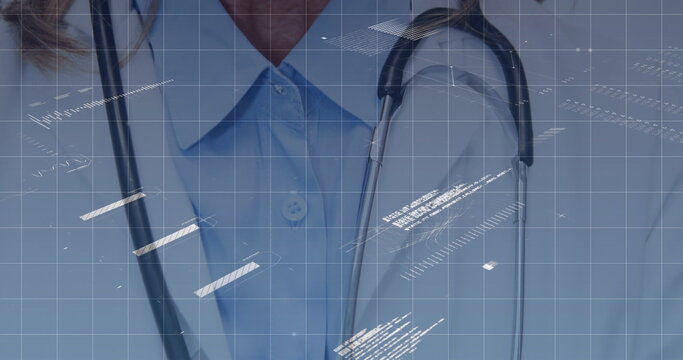 Image of data processing and digital padlock over happy caucasian female doctor