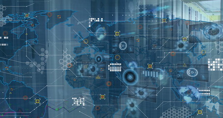 Image of world map and data processing on charts and graphs over computer server room