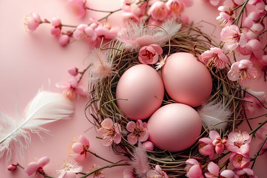 Easter card with three matte pink eggs nestled in a nest with feathers and spring flowers on a pink background - Powered by Adobe