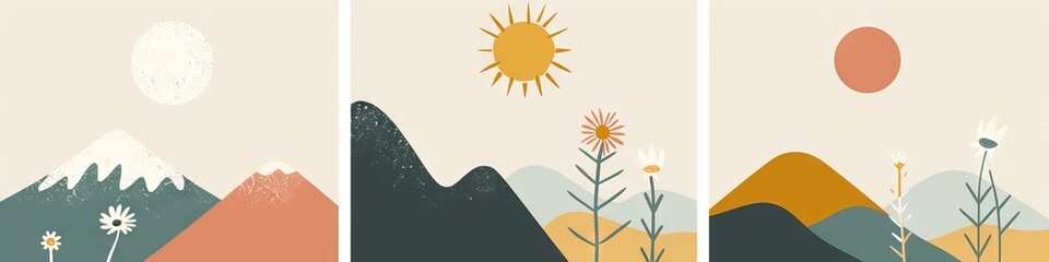 Abstract serene illustration featuring layered mountains with a warm sun and blooming flowers in a calming color palette, invoking a sense of peace and nature's beauty. Great as banner design.