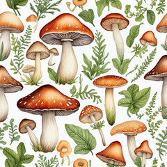 Cute mushrooms forest background watercolor painting style
