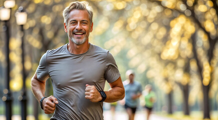 a middle-aged man joyfully jogs through sunlight city park. Copy space