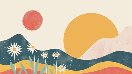Abstract serene illustration featuring layered mountains with a warm sun and blooming flowers in a calming color palette, invoking a sense of peace and nature's beauty. Great as banner design.