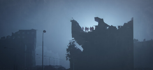 A destroyed house with a few people silhouetted on the roof against the light. 3D illustration.