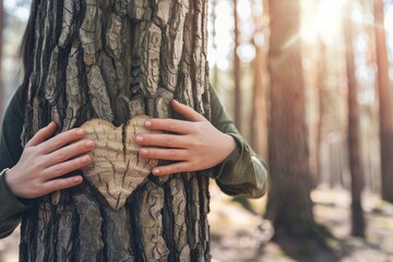 hands of a young woman hug a tree in the forest and show a sign of heart and love for nature,...