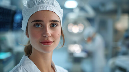 A young surgeon with blue eyes looks hopeful in a high-tech operating room.