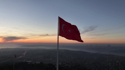 Turkish Flag (Turk Bayragi) in the Sunset Time Drone Video, Camlica Hill Uskudar, Istanbul Turkiye (Turkey)