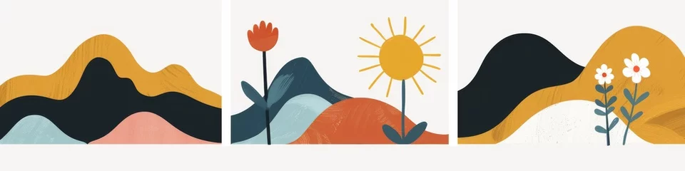 Selbstklebende Fototapeten Abstract serene illustration featuring layered mountains with a warm sun and blooming flowers in a calming color palette, invoking a sense of peace and nature's beauty. Great as banner design. © Merilno