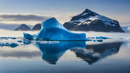 Fototapeta na wymiar Blue iceberg reflected in the water, mountains rising out of the mist, Joekulsarlon, glacier lagoon, Scandinavia, Iceland, Europe