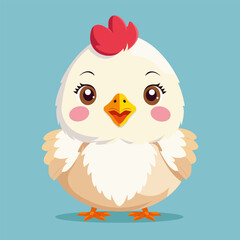 Vector flat drawing of a cute chicken in kawaii style.