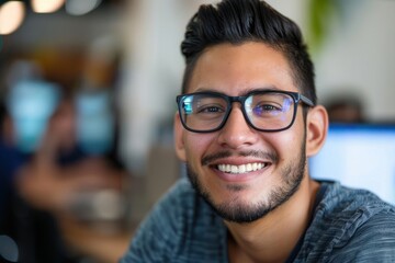 Close-up portrait of young hispanic man wearing glasses, man smiling and looking at camera at workplace inside office, programmer satisfied with success and achievement results, Generative AI - obrazy, fototapety, plakaty