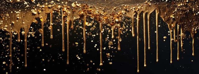 gold glitter paint dripping on black background