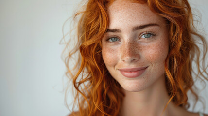 Radiant redhead with freckles smiles gently against a white background.