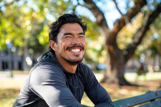Smiling sportsman resting in the park on a run, man breathing fresh air enjoying an active lifestyle, hispanic man exercising, Generative AI
