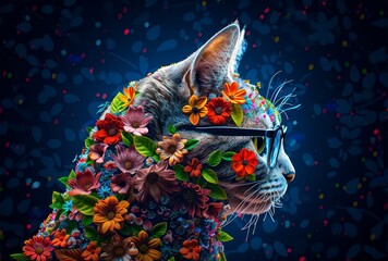Colorful long-haired cat with glasses and flower. - obrazy, fototapety, plakaty