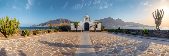 Foto op Plexiglas View of San Isidro Labrador Church Uga Lanzarote, Painting of a church on a cliff overlooking the ocean © january