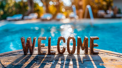 word "Welcome" written in wooden letter placed in front of a swimming pool