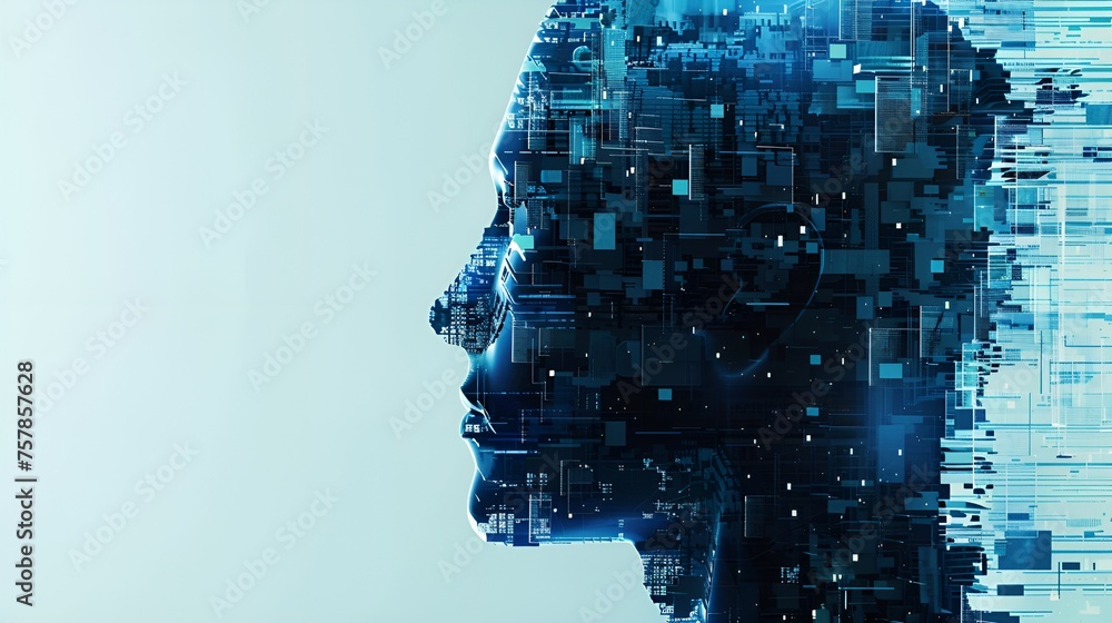 Poster cyber head with technology and code based digital elements, cyber, technology, digital, code