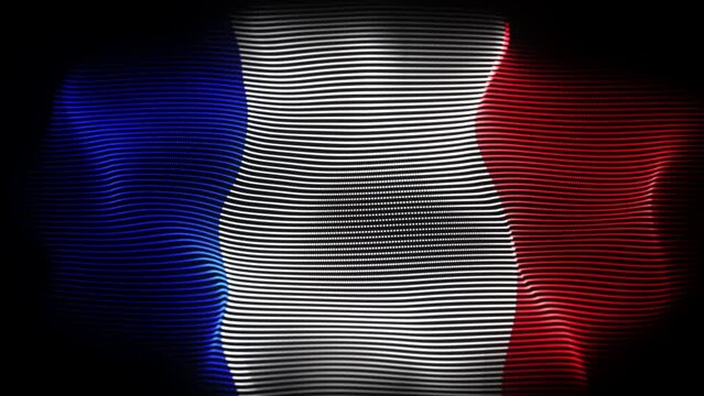 French Republic flag waving in the wind on black background. Concept of patriotism, symbol of statehood and national identity. Flapping France flag made of wavy digital pixelated lines 4K looped video