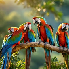 A group of colorful macaw birds perched on a tree branch, preening in the morning light