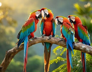 A group of colorful macaw birds perched on a tree branch, preening in the morning light