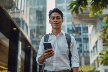 Young hispanic businessman walking outside office building in city, man in shirt holding phone, satisfied with achievement result freelancer, using online application, Generative AI