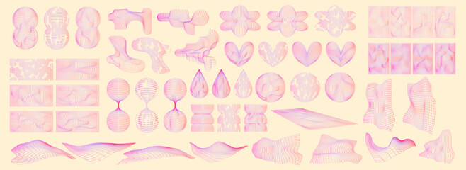 Grid y2k set abstract geometry shape. 3d graphic design y2k retro style. Mesh grid line shape. Vector illustration