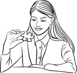 SVG vector of a woman looking at a puzzle as thinking of some ideas  - 757858292