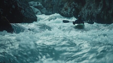 whitewater kayaking, down a white water rapid river in the mountains