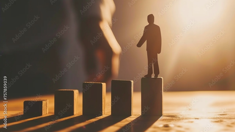 Poster a person with a bar graph shadow symbolizing progress, progress, bar graph, person