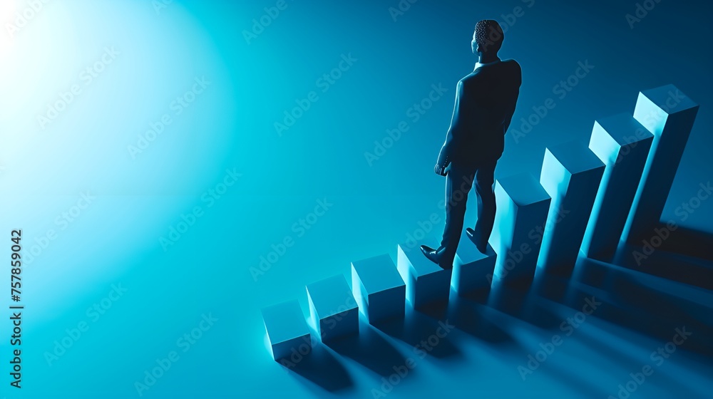 Poster a person with a bar graph shadow symbolizing progress, progress, bar graph, person
