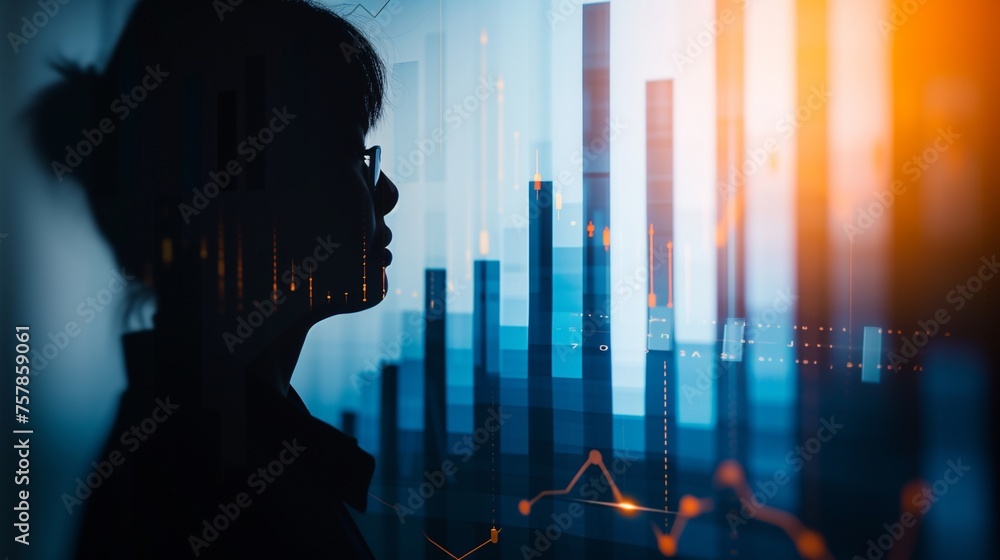 Poster a person with a bar graph shadow symbolizing progress, progress, bar graph, person