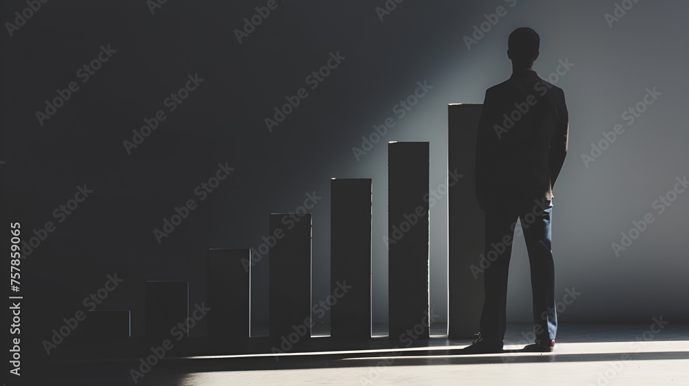 Poster a person with a bar graph shadow symbolizing progress, progress, bar graph, person