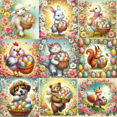 set of  joyful animals with a basket easter eggs