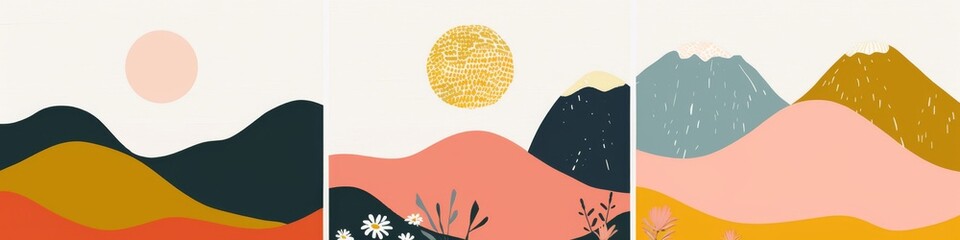 Obraz premium Abstract serene illustration featuring layered mountains with a warm sun and blooming flowers in a calming color palette, invoking a sense of peace and nature's beauty. Great as banner design.