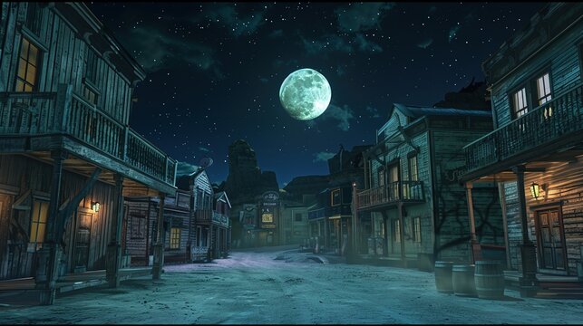 Western town street on moonlight
