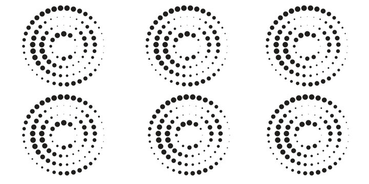 Halftone circular dotted frames set. Circle dots isolated on the white background. Logo design element for medical, treatment, cosmetic.